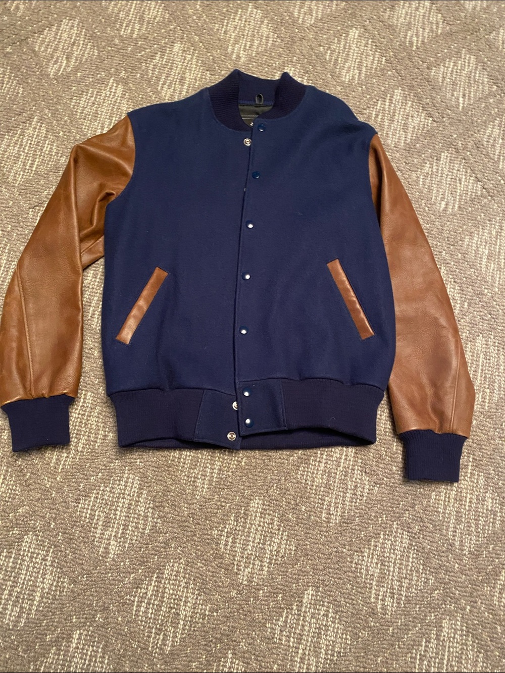 Roots Navy Wool and Brown Leather Varsity Jacket